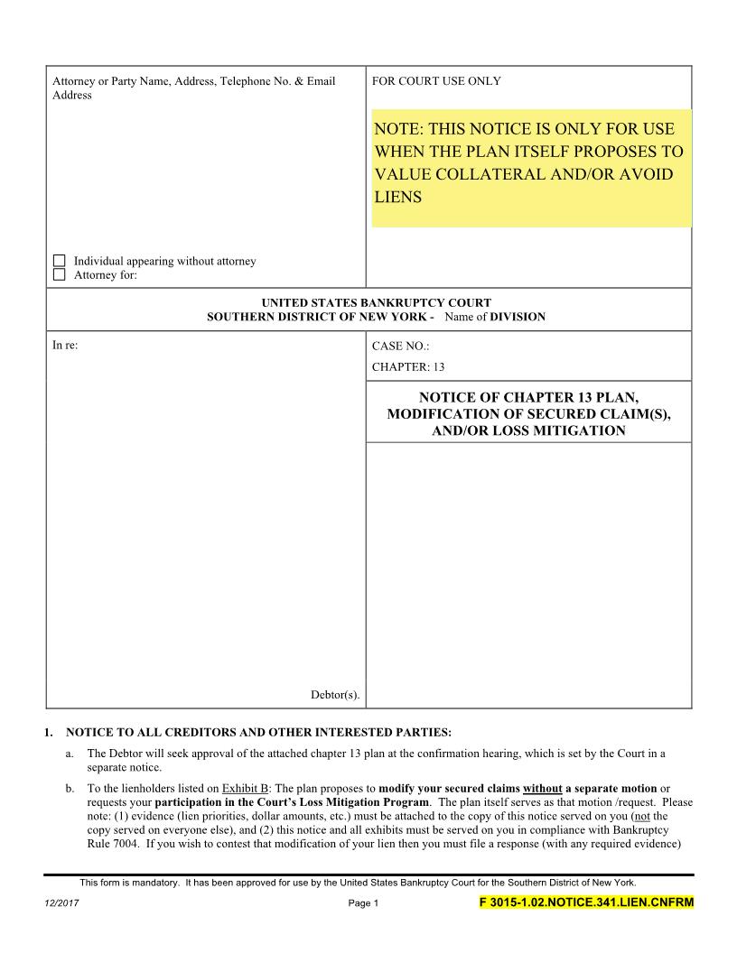 Notice Of Chapter 13 Plan Modification Loss Mitigation [F 3015-1.02.NOTICE.341.LIEN.CNFRM} | Pdf Fpdf Docx | New York